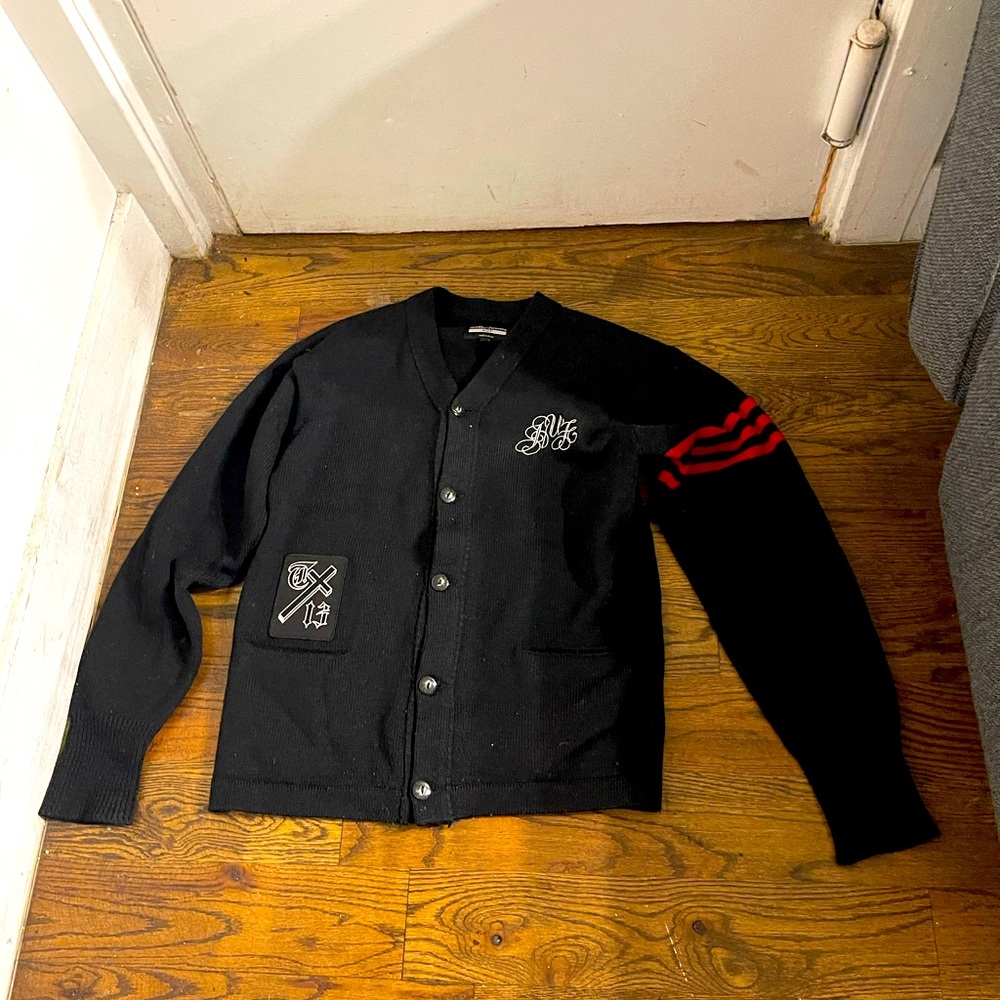 Black and red cardigan. Super warm. Cotton knit